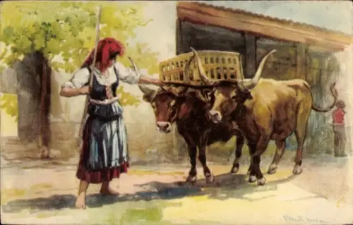 Künstler Ak Portugiesische Trachten, Mulher com junta de bois, Frau, Rinder