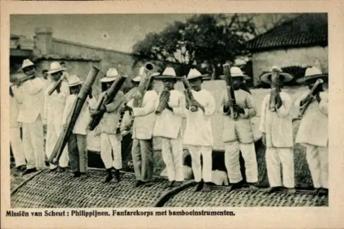 Ak Philippinen, Missien van Scheut, Fanfarekorps met bamboeinstrumenten