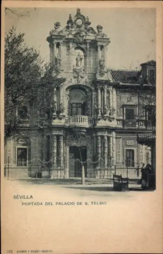 Ak Barrio de Santa Cruz Sevilla Andalusien, Vorderansicht des Palacio de S. Telmo,  Schwarz-Weiß-