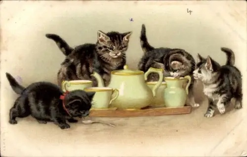 Litho Vier kleine Katzen mit Teeservice