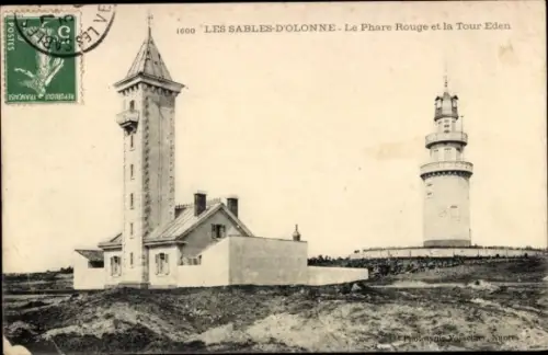 Ak Les Sables d'Olonne Vendée, Le Phare Rouge et la Tour Eden