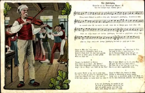 Lied Ak Mückenberger, Der Zipfelsgörg, Vogtländisches Volkslied, Musikant mit Geige, tanzende Paare