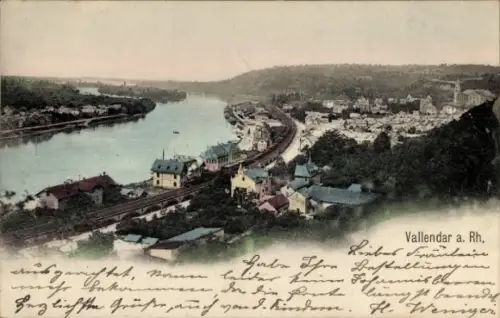 Ak Vallendar am Rhein, Vallendar a. Rh, Flusslandschaft, Häuser, Eisenbahnlinie