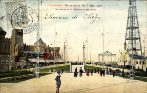 CPA Exposition Universelle de Liège 1905, Les Arènes et le Perforateur des Mines