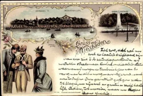 Litho Wiesbaden in Hessen, Kursaal, Musikpavillon, Fontaine