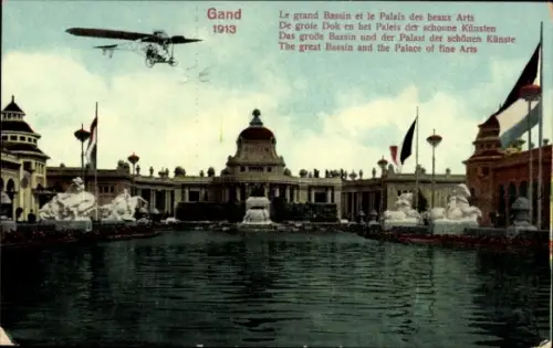 Ak Gand Gent Ostflandern, Le grand Bassin, le Palais des beaux Arts, Flugzeug, Weltausstellung 1913
