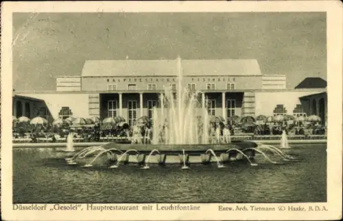 Ak Düsseldorf am Rhein, Gesolei, Hauptrestaurant mit Leuchtfontäne, Ausstellung 1926