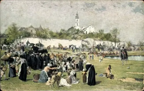 Künstler Ak Marr, Carl, Bolesławiec Bunzlau Schlesien, Kinder bringen Gefangenen Lebensmittel