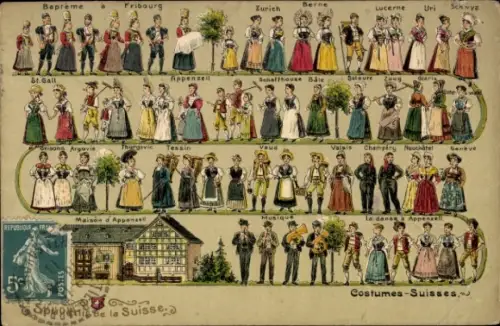 Präge Litho Costumes Suisses, Berne, Fribourg, Zurich, Lucerne, Uri, Schwyz
