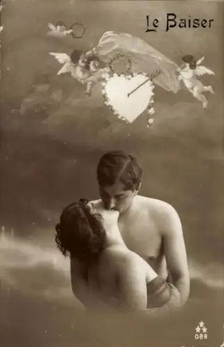Ak Liebespaar, Kuss, Liebesengel, Herz