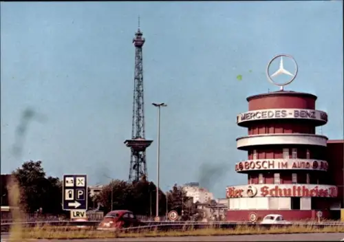 Ak Berlin Charlottenburg Westend, Funkturm, Reklameturm Mercedes Benz, Bosch, Schultheiss Bier
