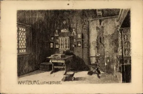 Ak Lutherstadt Eisenach in Thüringen, Wartburg, Lutherstube,  Tisch, Stuhl, Bilder an der Wand