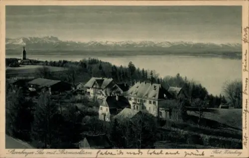 Ak Starnberg am Starnberger See Oberbayern,  Bismarckturm, Berge im Hintergrund, Wasserlandschaft