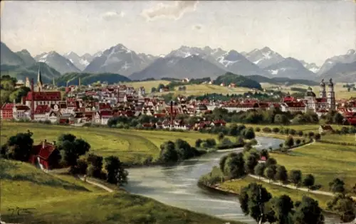 Ak Kempten im Allgäu Schwaben, Panorama, Kirchen, Alpen