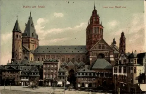 Ak Mainz am Rhein, Mainz am Rhein, Dom vom Markt aus,  Architektur