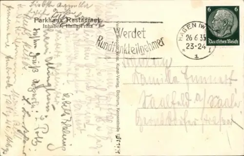 Ak Hagen in Westfalen, Parklandschaft, Pavillon, Bäume, Weg, Schwarz-Weiß-Foto