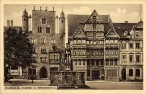 Ak Hildesheim in Niedersachsen,  Wedekindhaus, Tempelherrenhaus, gotischer Bau, Renaissance-Erker