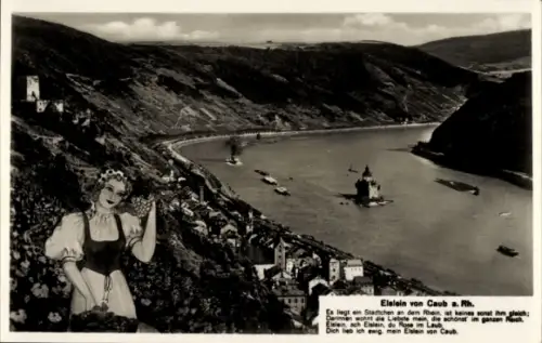 Ak Caub Kaub am Rhein, Frau mit Trauben, Rheinlandschaft, Stadt am Rhein, Elslein von Caub