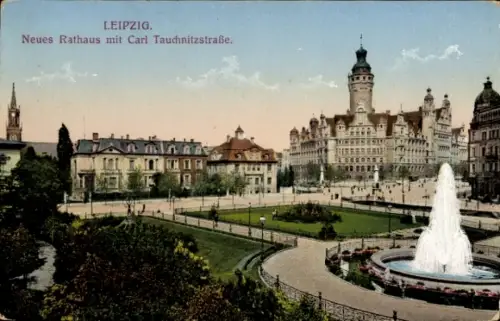 Ak Leipzig, LEIPZIG, Neues Rathaus, Carl Tauchnitzstraße, Brunnen