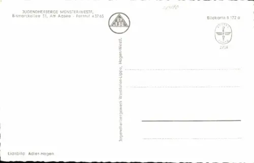 Ak Münster in Westfalen, Innenansicht, Jugendherberge, Tische, Wände mit Tapete, Beleuchtung