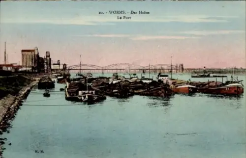 Ak Worms am Rhein,  Hafen, Schiffe, Wasser, Industrie