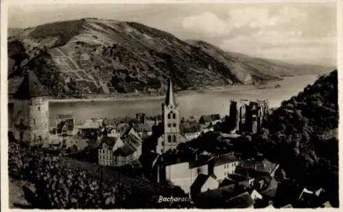 Ak Bacharach am Rhein,  Flusslandschaft, Weinberge,  Gebäude