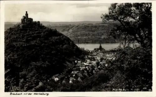Ak Braubach am Rhein,  Marksburg, Rhein, Landschaft, Schwarz-Weiß-Foto