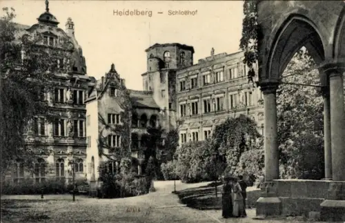 Ak Heidelberg am Neckar,  Schloßhof,  Gebäude, Bäume, Menschen