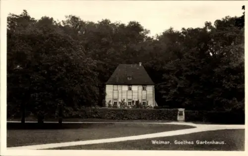 Ak Weimar in Thüringen,  Goethes Gartenhaus, Gedicht von Goethe, Schwarz-Weiß-Foto