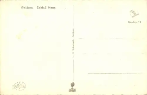 Ak Geldern am Niederrhein, Schloss Haag, zwei spitze Türme, Baum, Wasser