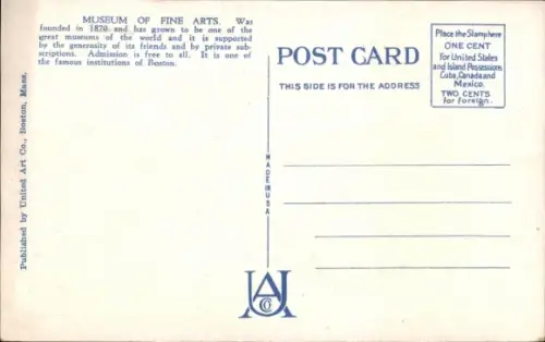 Ak Boston Massachusetts USA, Museum of Fine Arts,  Statue im Innenhof, Autos sichtbar