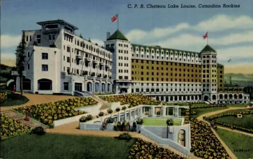 Ak Lake Louise Alberta Kanada, C. P. R. Chateau Lake Louise, Gebäude, Blumenbeete, Flaggen