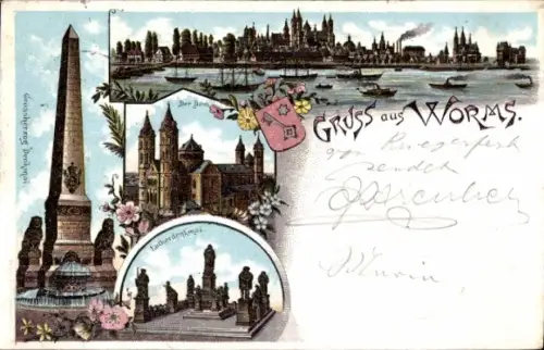 Litho Worms am Rhein, Dom, Panorama, Großherzogdenkmal, Lutherdenkmal, Wappen
