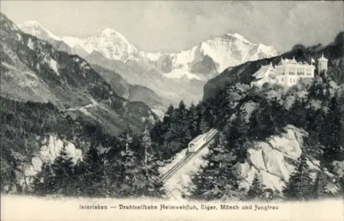 Ak Interlaken Kanton Bern Schweiz,  Drahtseilbahn Heimwehfluh, Eiger, Mönch, Jungfrau