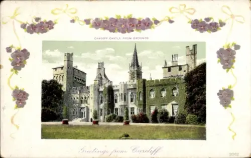 Ak Cardiff Wales, Cardiff Castle, Grüße aus  farbige Illustration, Blumenmuster