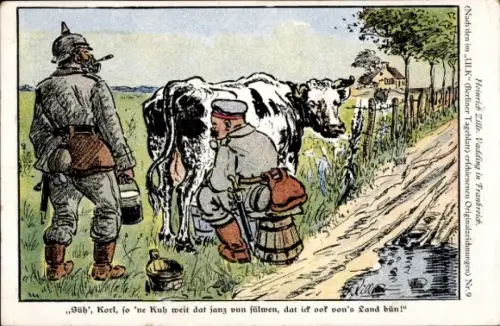 Künstler Ak Zille, Heinrich, Vadding in Frankreich, Soldat melkt eine Kuh