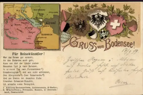 Wappen Landkarten Litho Bodensee, Für Reisekünstler, Baden, Bayern, Württemberg, Österreich, Schweiz