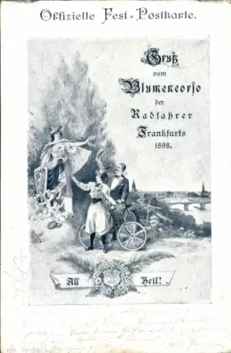 Litho Blumencorso der Radfahrer Frankfurts 1898, Liebespaar, Kriegerin mit Schutzschild