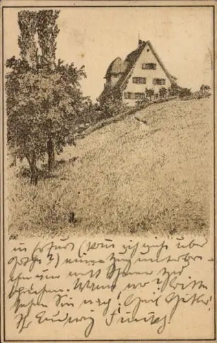 Künstler Ak Haus an einem Hang, Autograph Ludwig Finckh, Schriftsteller