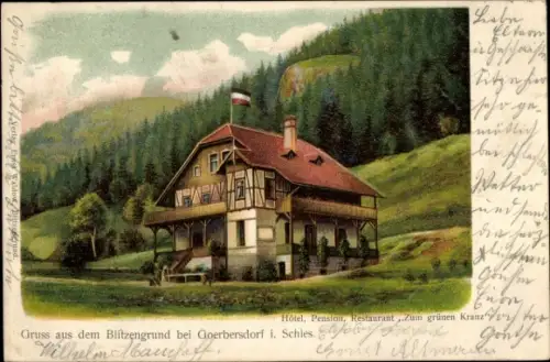 Ak Ługowina Blitzengrund Mieroszów Friedland Bezirk Breslau Niederschlesien, Hotel "Zum grünen Kranz