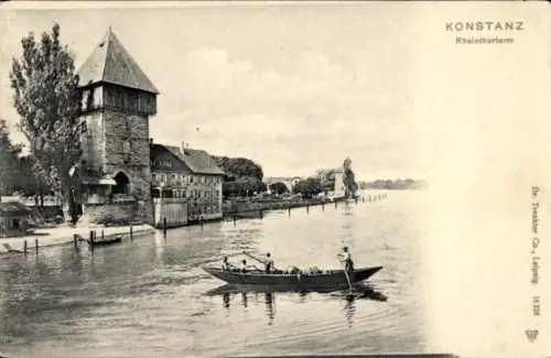 Ak Konstanz am Bodensee, Rheintorturm, Fischerboot