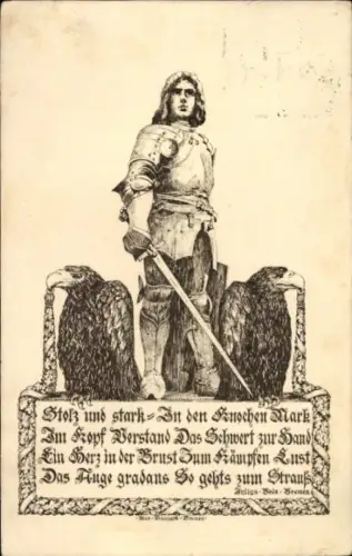 Ak Stolz und stark, in den Knochen Mark, Ritter mit Schwert, Adler, Zu Gunsten des Roten Halbmondes
