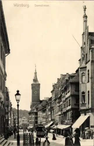 Ak Würzburg am Main Unterfranken, Domstraße, Straßenbahn, Geschäfte