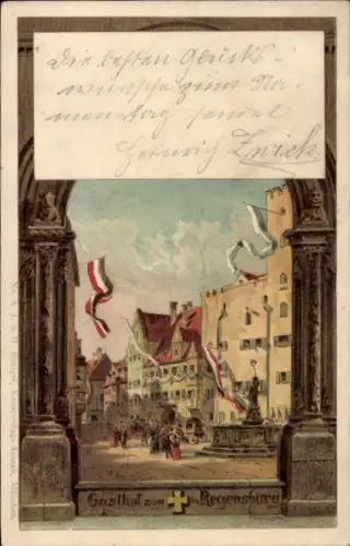 Litho Regensburg an der Donau Oberpfalz, Gasthof zum Kreuz