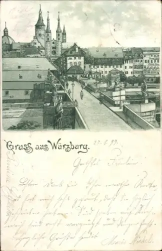 Litho Würzburg am Main Unterfranken, Teilansicht, Brücke