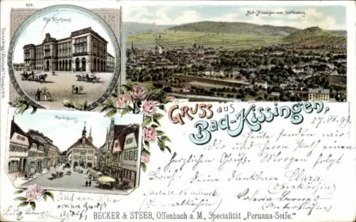 Litho Bad Kissingen Unterfranken Bayern, Königliches Kurhaus, Marktplatz, Panorama