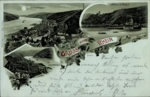 Mondschein Litho Caub Kaub am Rhein, Burg Pfalzgrafenstein, Pfalz, Bacharach, Oberwesel