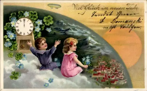 Litho Glückwunsch Neujahr, Kleeblatt, Kinder, Uhr