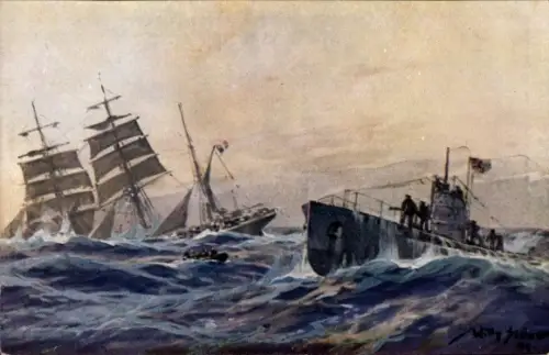 Künstler Ak Stöwer, Willy, Deutsches U Boot versenkt französische Bark, Atlantik, U-Boot Spende 1917