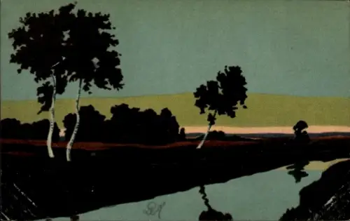 Künstler Ak Landschaft, Birken am Fluss
